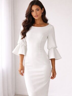 Calvin Klein White Midi Dress with Tiered Bell Sleeves